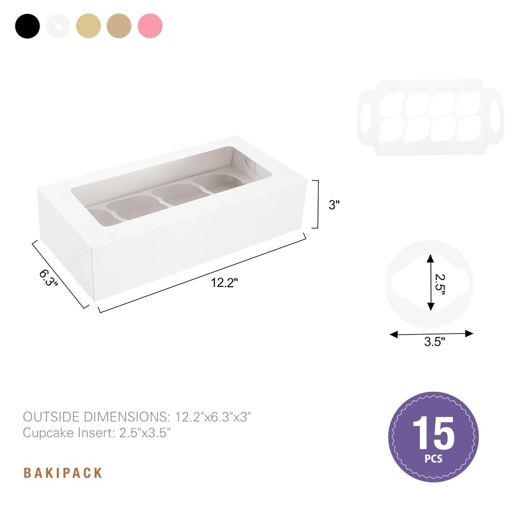 15 White Cupcake Boxes 8 Count with Window and Inserts, Cupcake Containers, C...