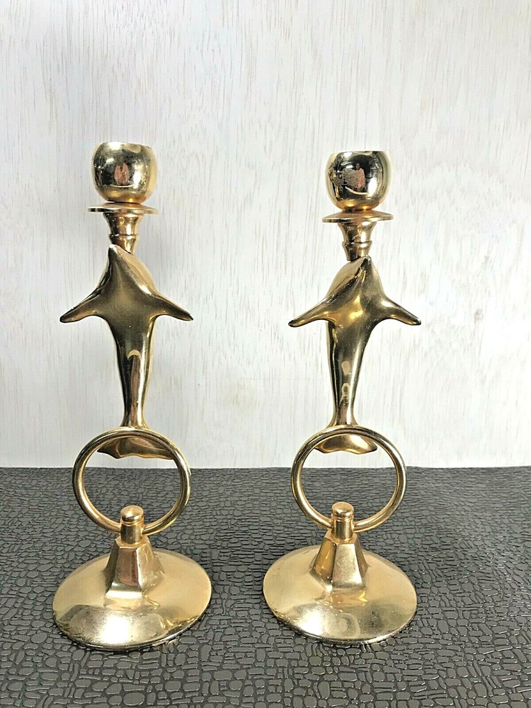 Set of 2 Solid Brass Dolphin Candle Holders *