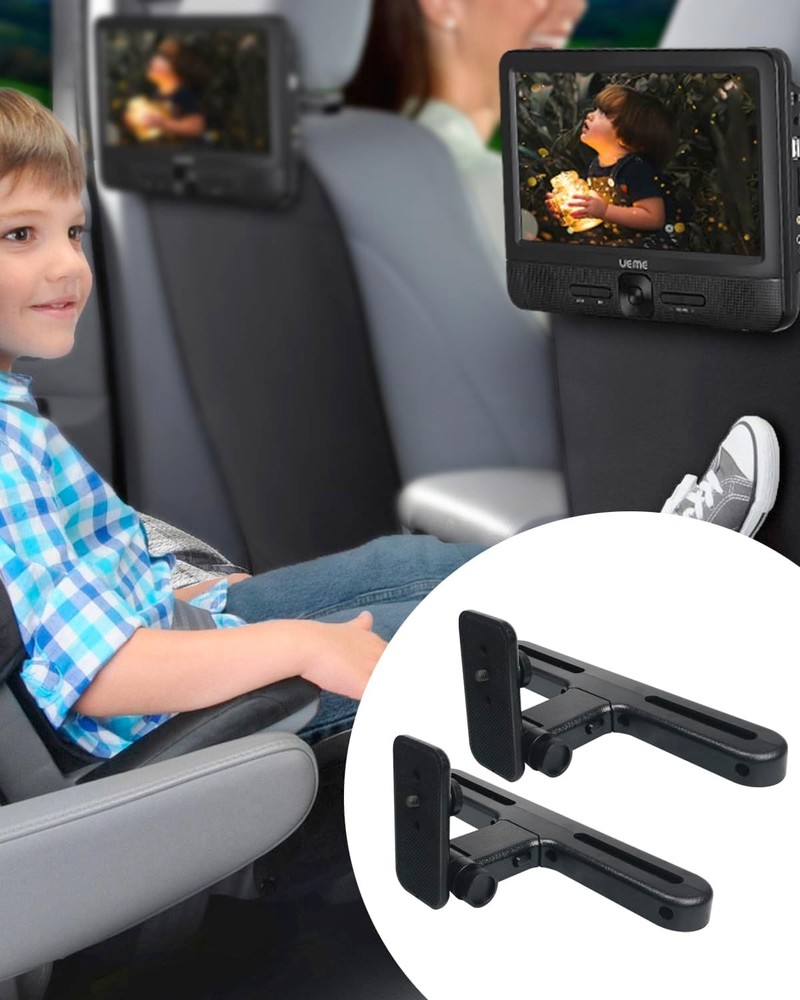 Car Headrest Mounts, Angle Adjustable Dual Screen DVD Player Black