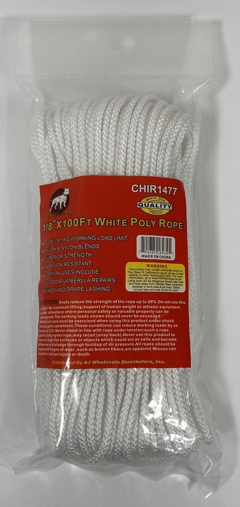 White Poly Tie Down Rope 100 feet x 1/8" Thick