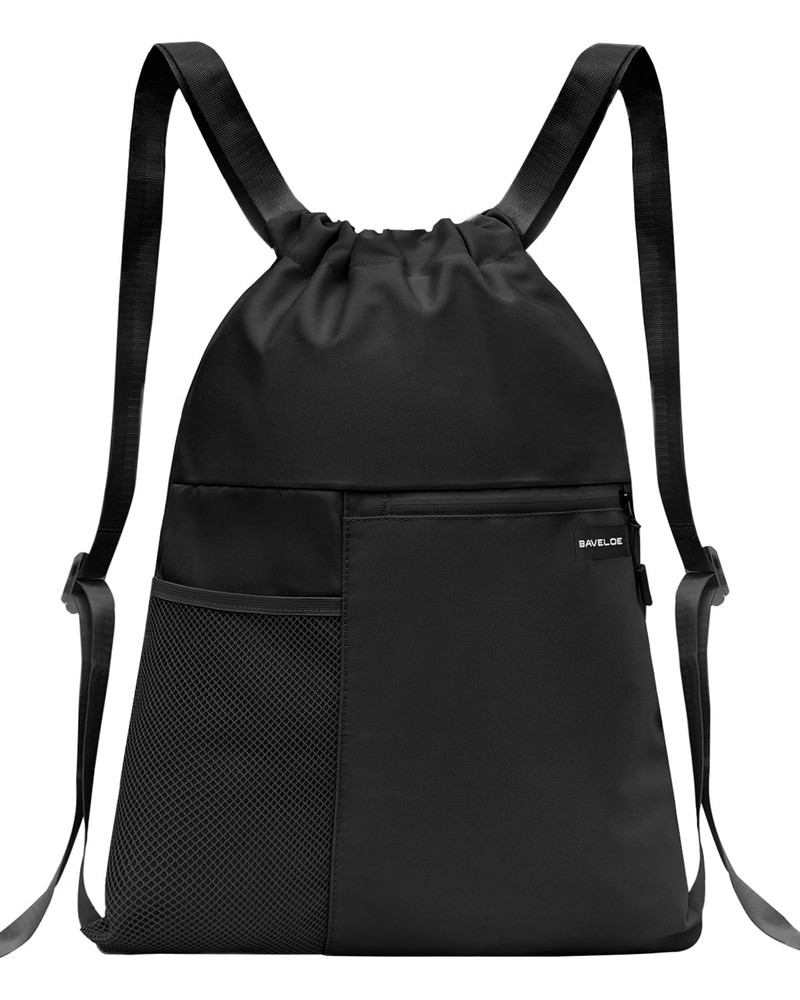 BAVELOE Drawstring Backpack with Mesh Pocket Water Resistant One Size, Black
