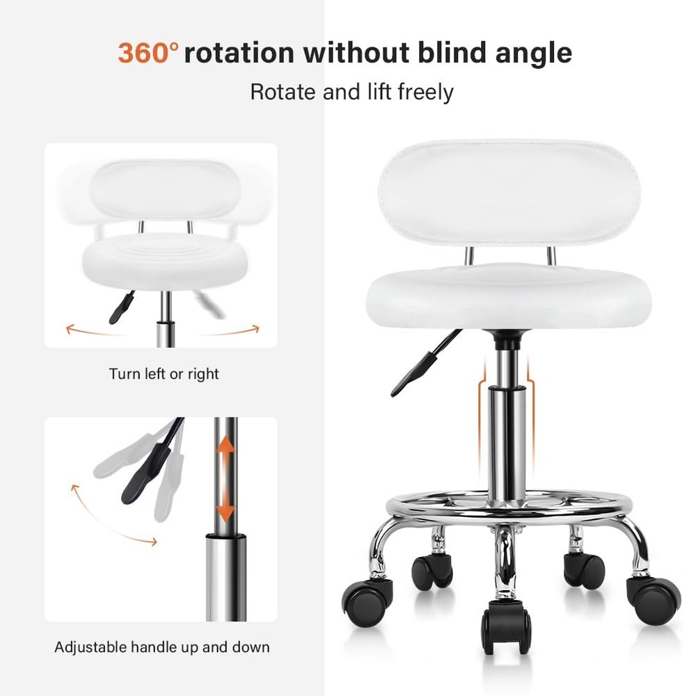 KKTONER PU Leather Modern Rolling Stool with Low Back Height Adjustable Work ...