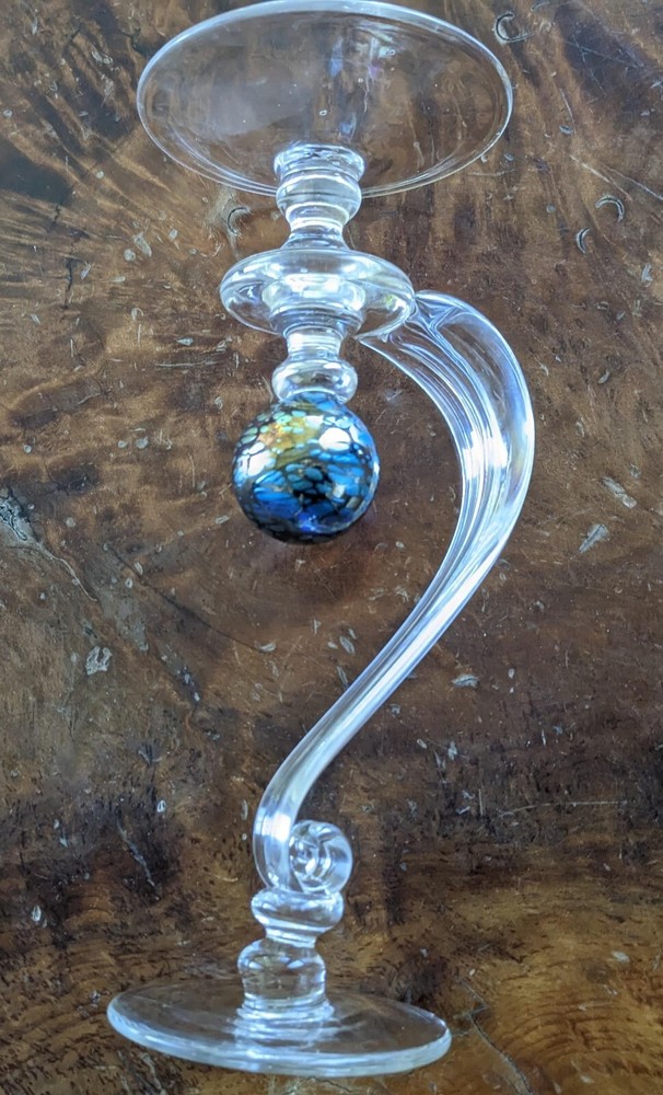 Handblown Clear Glass Candlestick With iridescent Orb 9.5"