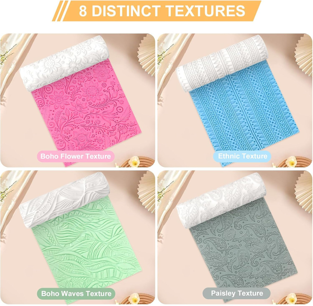 8 Pcs Polymer Clay Texture Roller, Texture Roller for Clay, Pottery Texture Roll