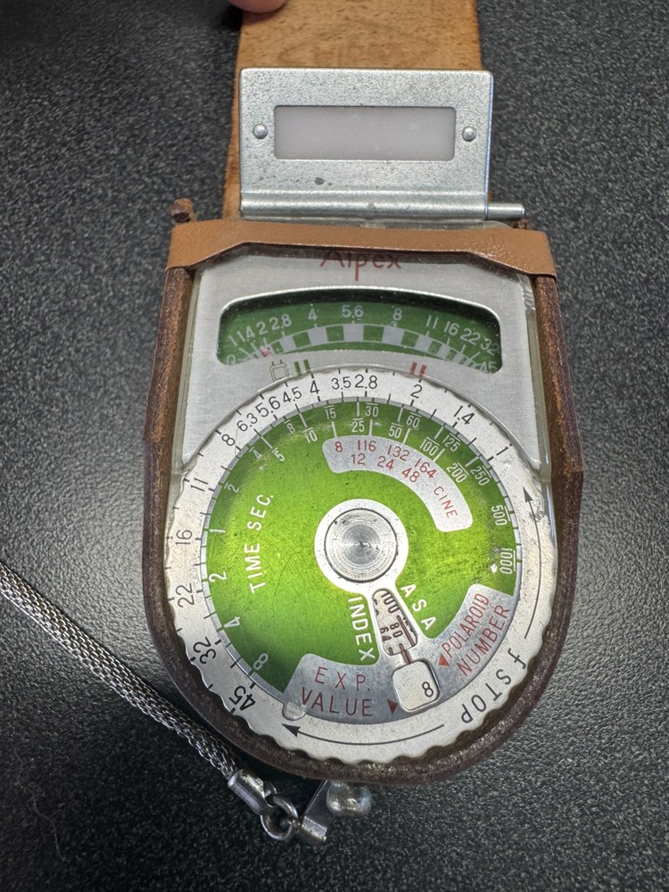 Vintage Alpex Light Exposure Meter Green Dial w/ Case & Chain