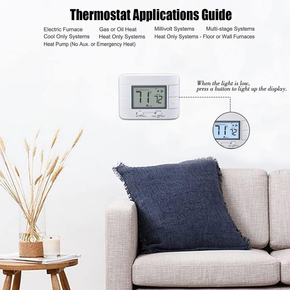 Non Programmable Thermostat for Home 2 Heat 2 Cool Multistage System, White