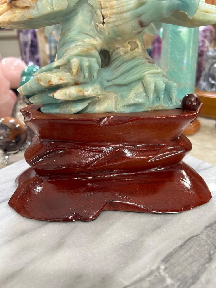 Amazonite Eagle hand carved on custom wood stand