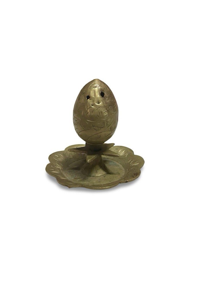 Vintage Brass Stick Incense Burner, Egg Shape w/Etching & Small Circular Tray