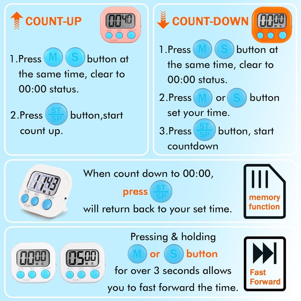 6 Pack Multi-Function Electronic Timer, Learning Management, Suitable for Kitche