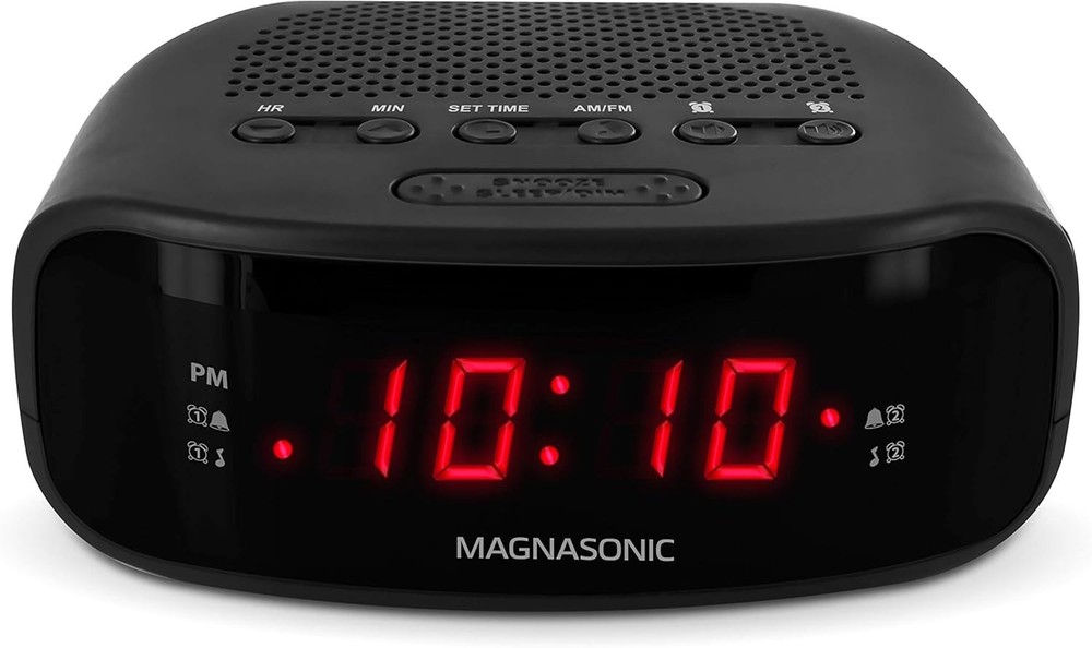 Battery-Powered Digital Alarm Clock Radio with Programmable Stations & Snooze