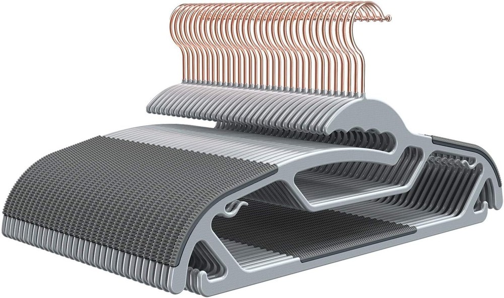 Triangular Space-Saving Hangers, 50 Pack with Rotating Rose Gold Hooks - Gray
