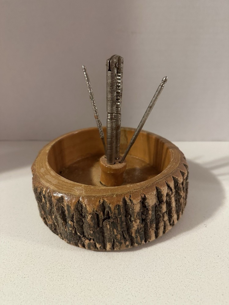 Vintage Nut Bowl Rustic Edge Tree Bark Set with 1 Nutcracker & 2 Picks