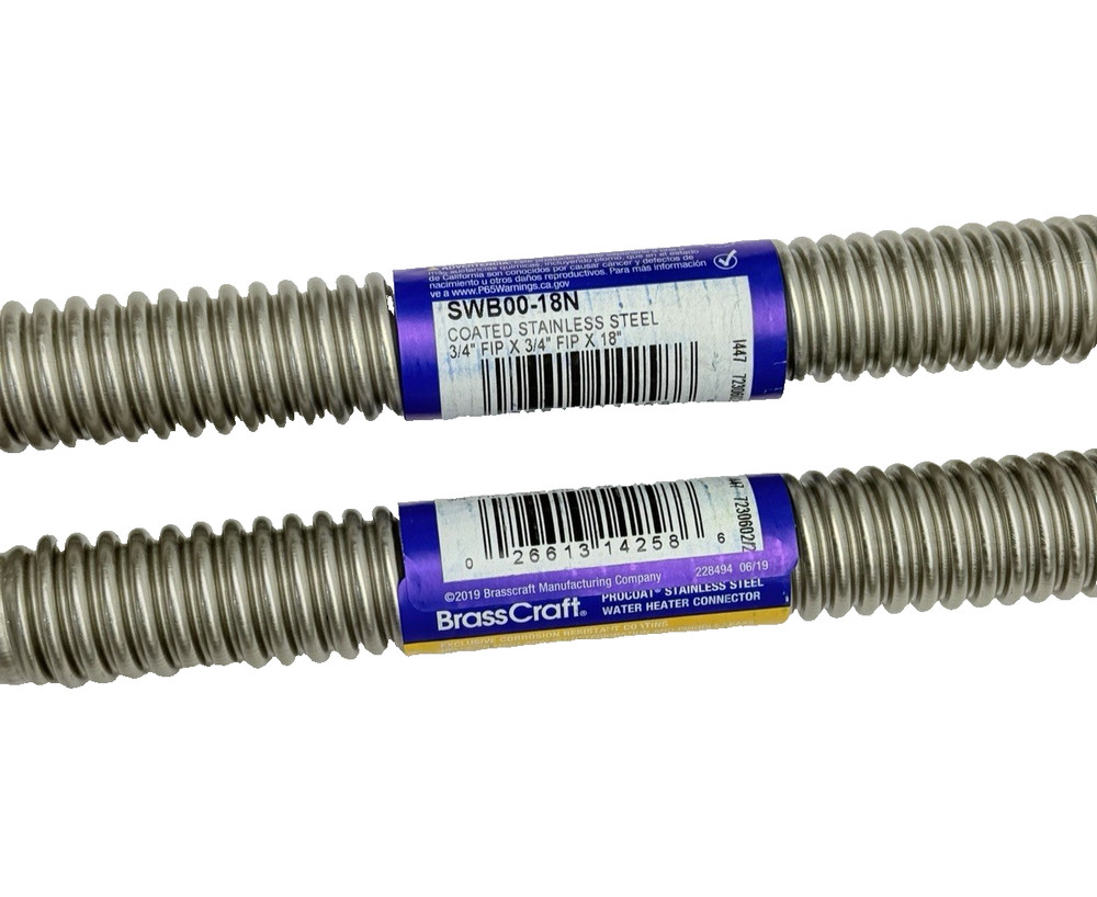 LOT OF 2, SWB00-18N BRASSCRAFT, WATER HEATER CONECTOR 3/4FIP X 3/4 FIP X 18"