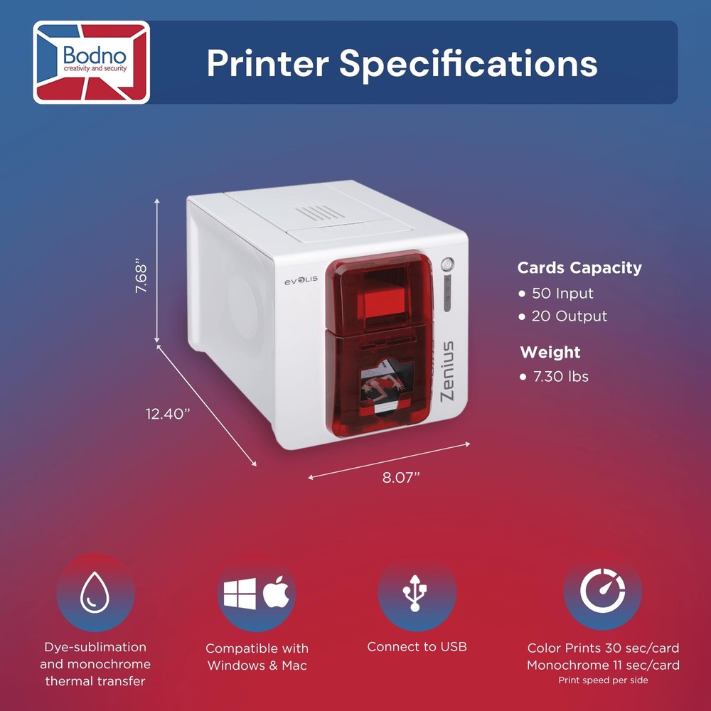 Bodno Evolis Zenius Single Sided ID Card Printer & Complete Supplies Package