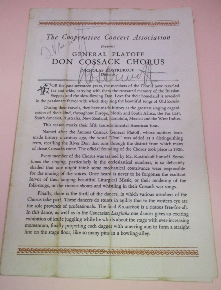 NICHOLAS KOSTRUKOFF Signed 1940s DON COSSACK CHORUS Program