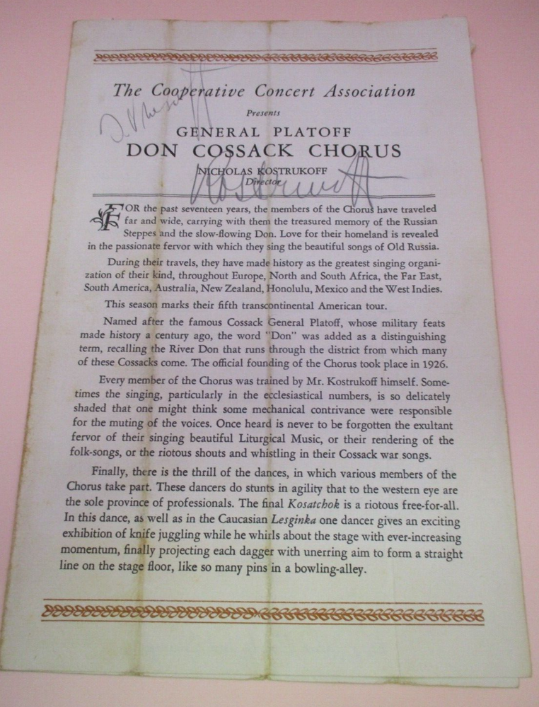 NICHOLAS KOSTRUKOFF Signed 1940s DON COSSACK CHORUS Program