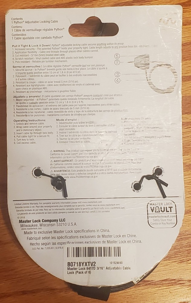 NEW! Master Lock 8417D Python Adjustable Locking Cable 6 ft (1.8m) Long Black