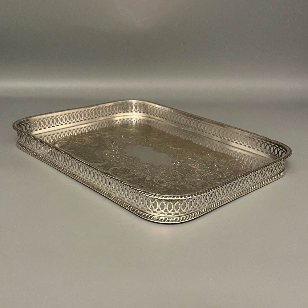Vintage Silver Plated Gallery Tray Rectangular English Drinks Display on Brass
