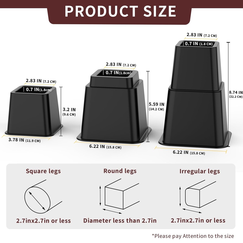 Adjustable Bed Risers 3 5 8 Inch Heavy Duty Stackable 4 Pack Black 1300lb