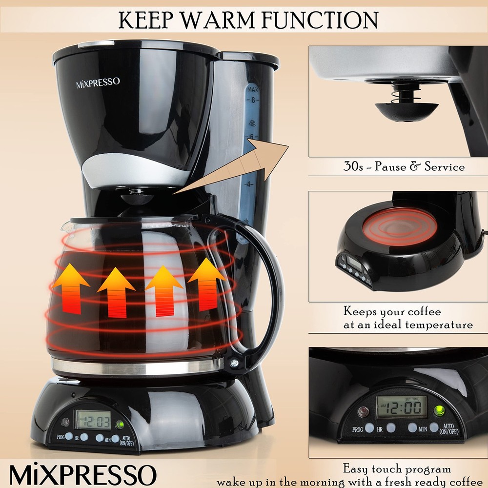 Mixpresso 8-Cup Drip Coffee Maker Programmable, 8 Cup Black