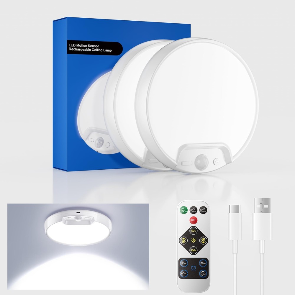 2 Pack Rechargeable Motion Sensor Ceiling Light with Remote - Battery-Powered 60