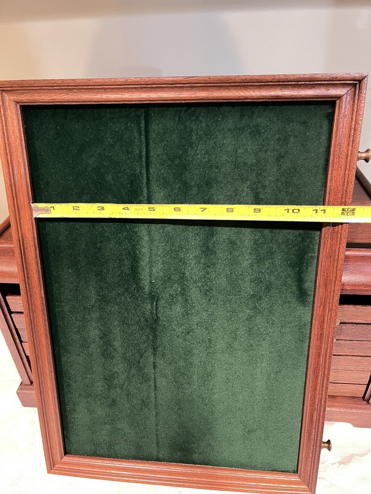 Mahogany Solid Wood Tabletop Chest 6 Drawers Velvet Green Lined Brass Knobs