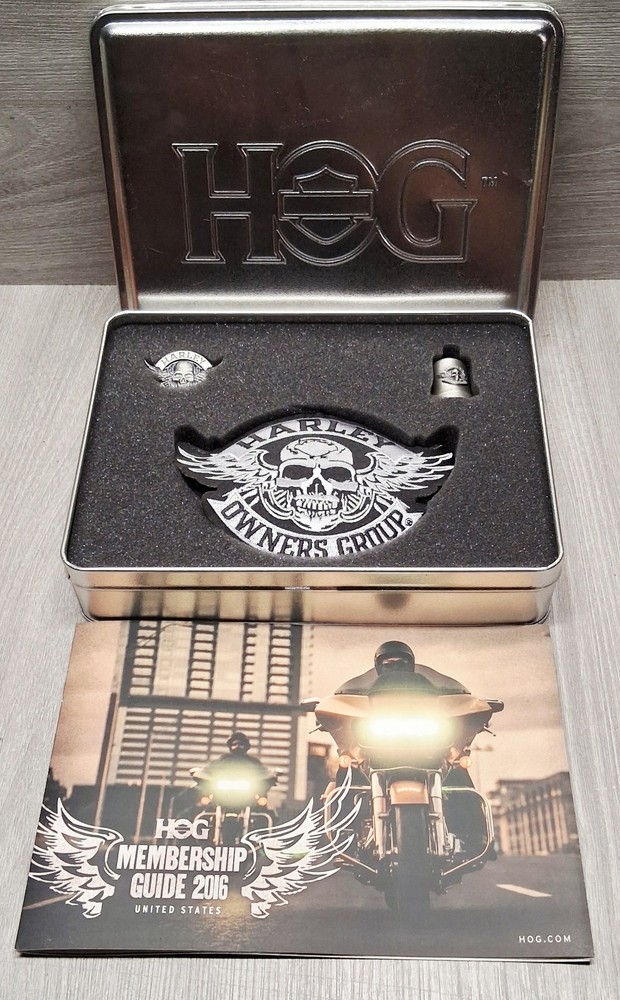 Harley Davidson HOG Owners Group Kit Tin Box With Pin, Patch, Bell, & Booklet