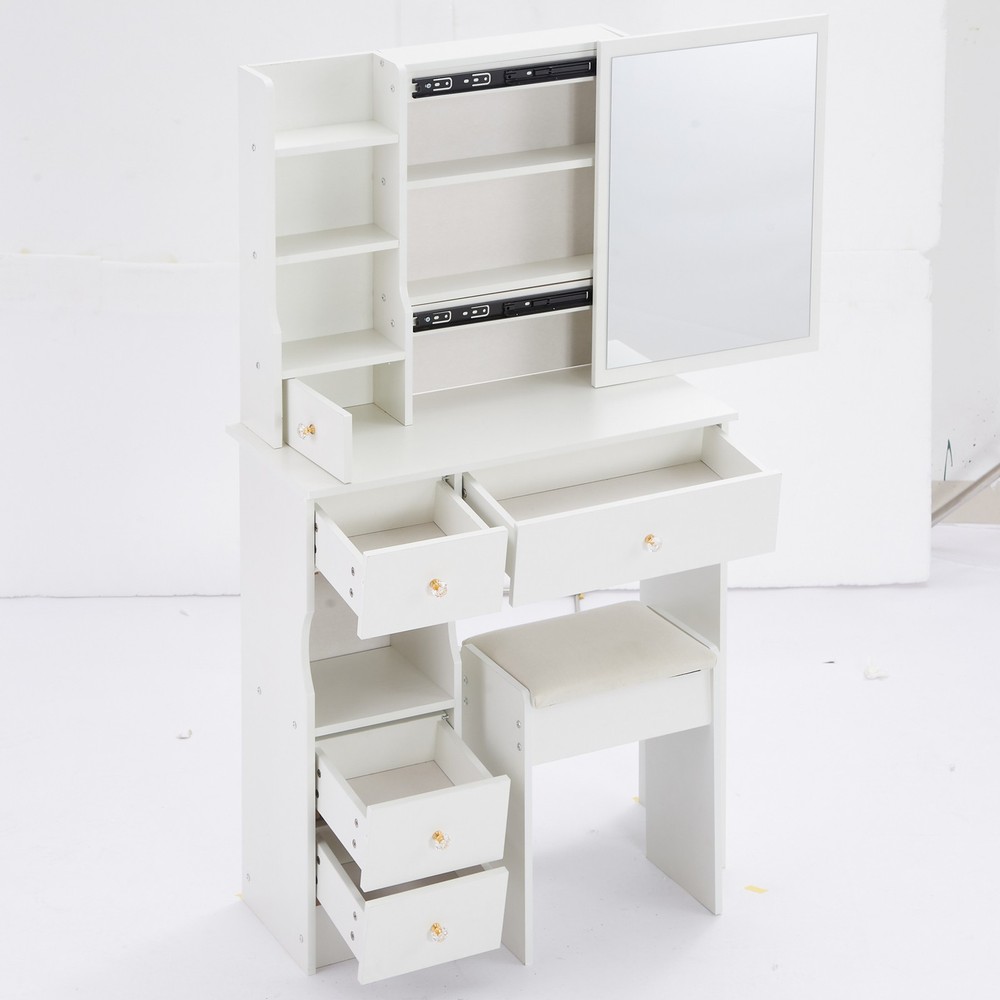 29.2" Small Space Left Drawer Desktop Vanity Table + Cushioned Stool, Extra Larg