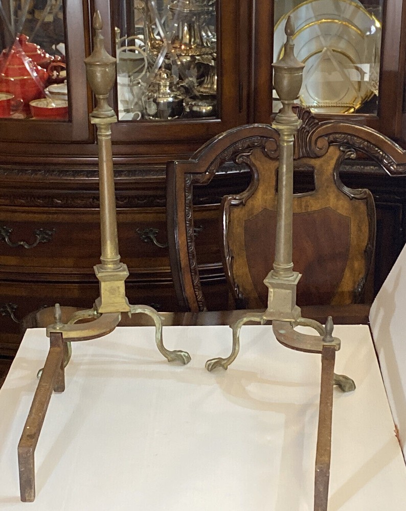 Federal Style Andirons For Fireplace Solid Brass & Cast Iron 25” H