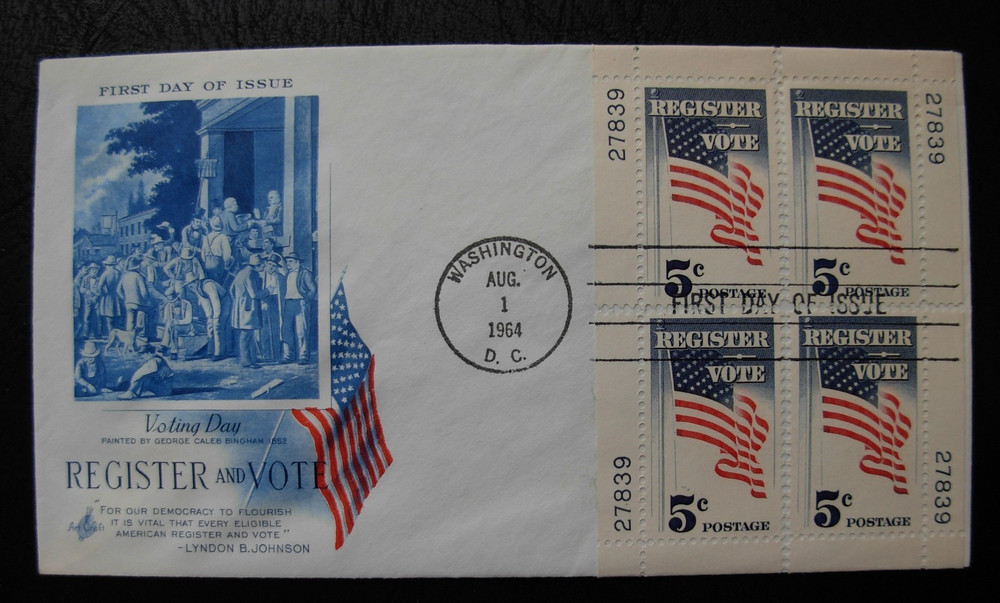1249 Register Vote FDC - Matched Set Single Plate #s