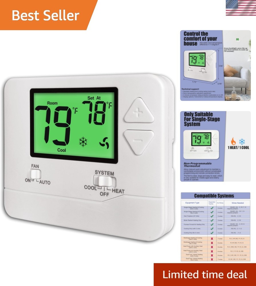 User-Friendly Non-Programmable Thermostat for Single-Stage Heating and Cooling
