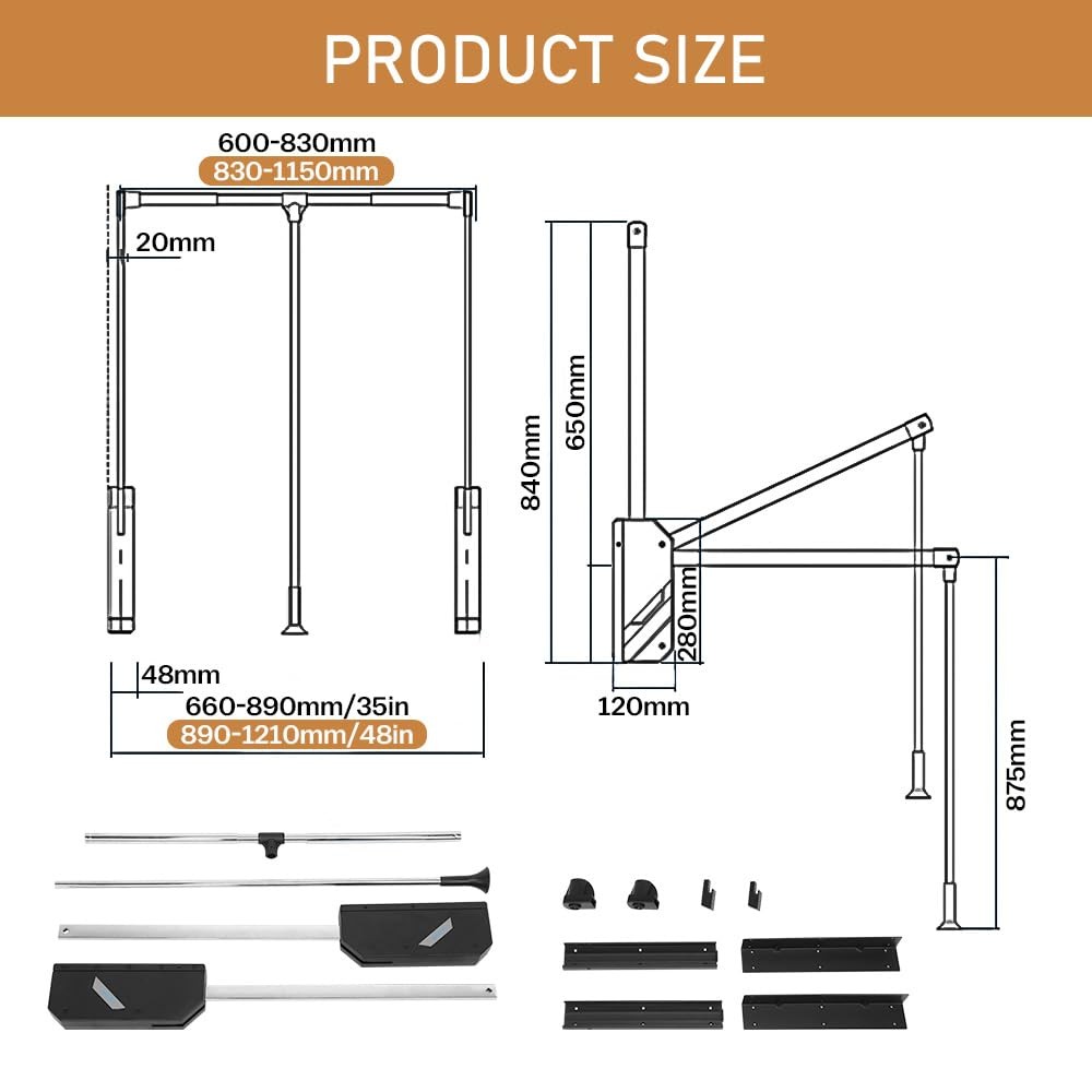 Pull Down Closet Rod, 60 lbs Load Capacity, 1 Pack - 35" ~ 46.2", Black