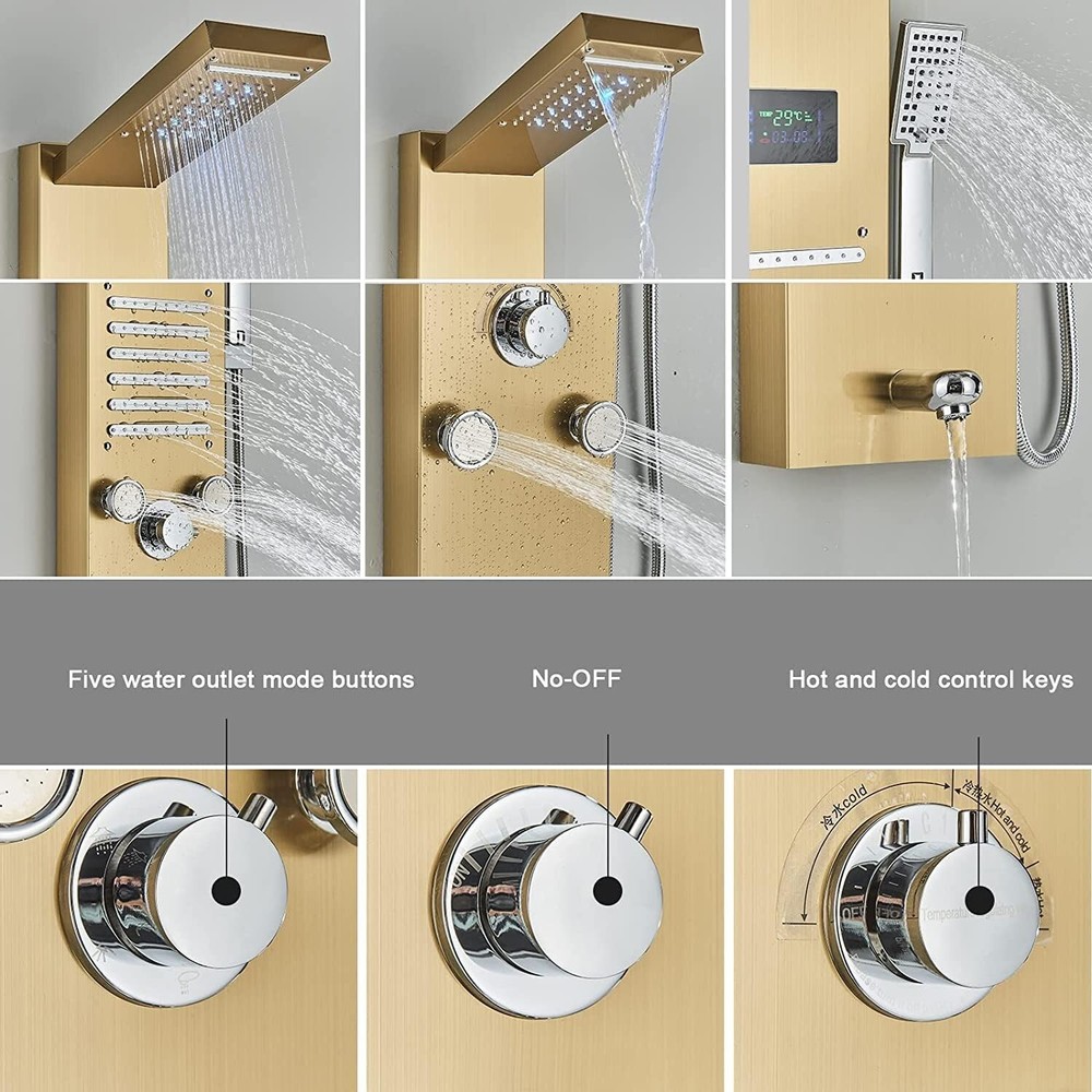 LED Shower Panel Tower System Rainfall Waterfall Massage Jet Spraye Brushed Gold