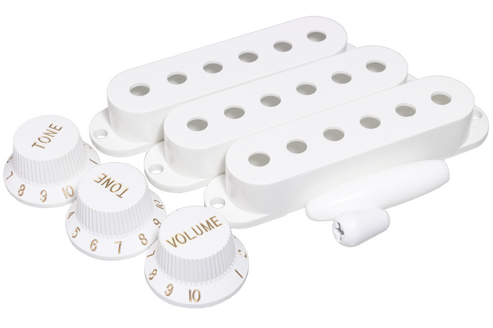 White Accessory Kit for Stratocaster Pickup Covers Knobs Tips fits Fender