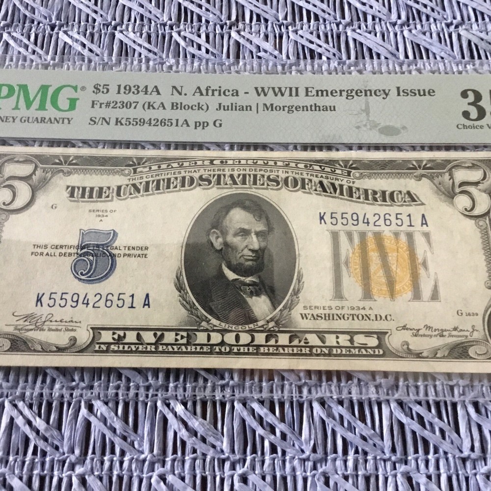 1934 A $5 SILVER CERTIFICATE NORTH AFRICA NOTE PMG35