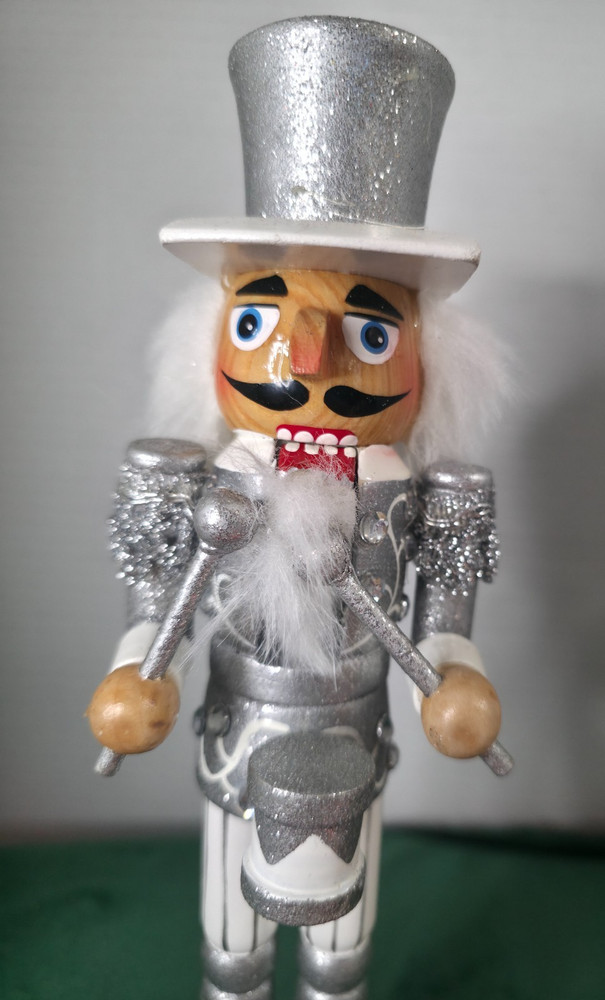 Silver & White Drummer Nutcracker – 10" – Glitter & Rhinestones – Boxed