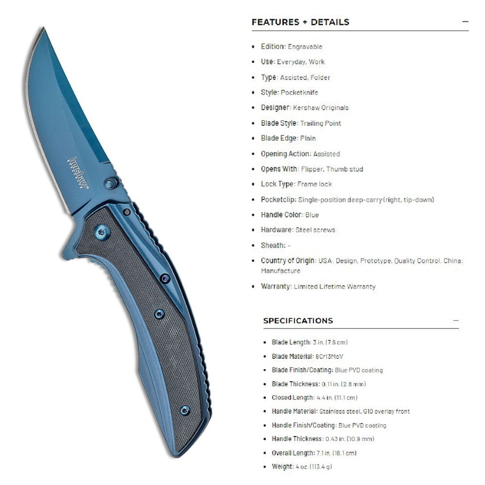 Kershaw® 8320 Outright 4.4" Blue Blade Knife