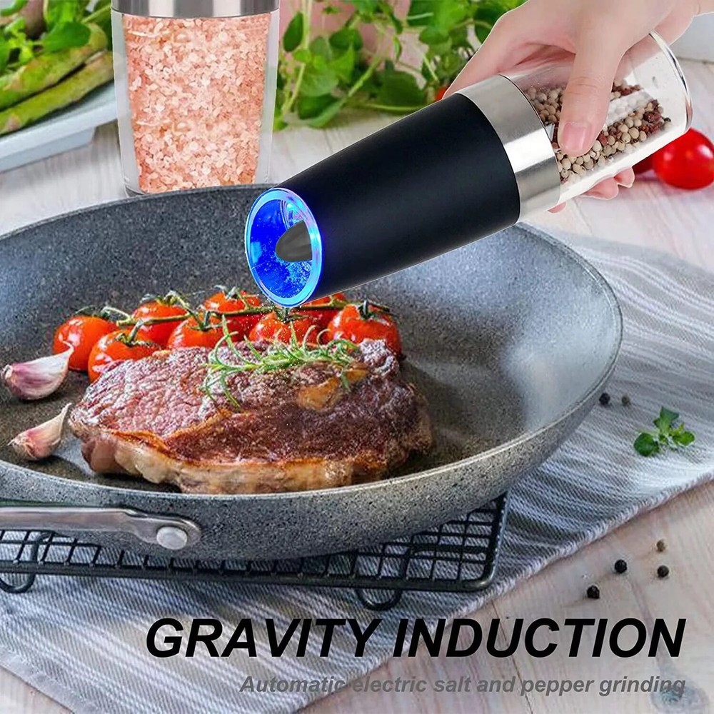 2 Pack Gravity Electric Salt and Pepper Grinder Mill Shaker Adjustable Automatic