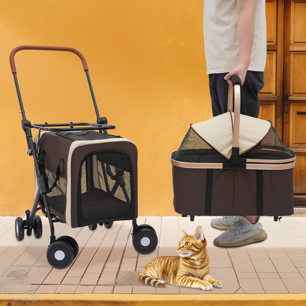 2-Tiers Cat Stroller Foldable Pet Stroller Small & Medium Dogs Stroller 77lbs