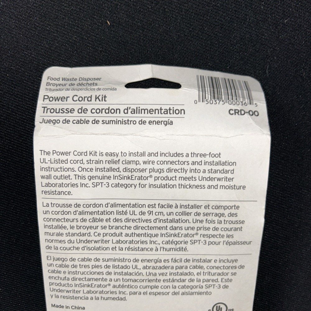 InSinkErator Garbage Disposal Power Cord Kit Black CRD-00 New