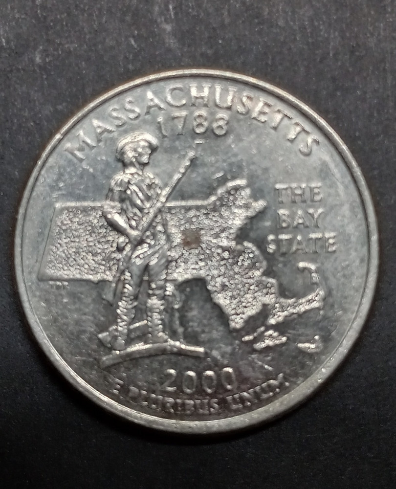 2000 D Massachusetts State  Quarter with striking errors, Doubling on Letters.