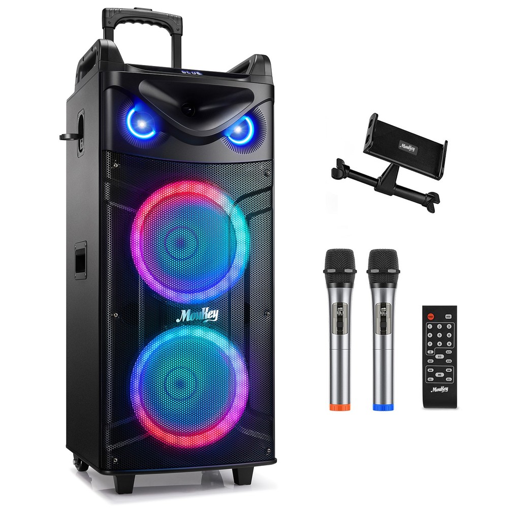 Moukey Portable Party Speaker Bluetooth Singing Machine With 2Pcs Wireless Mics