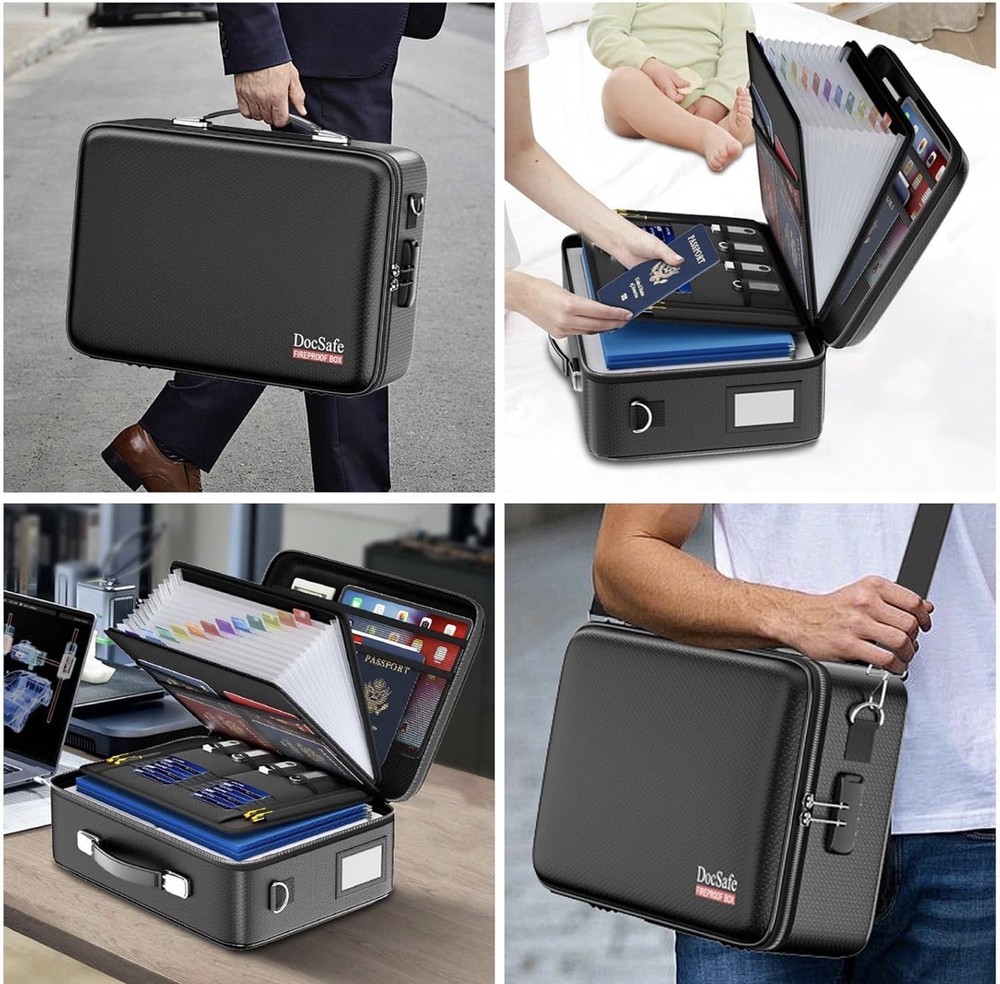 DocSafe Fireproof Document Box with Lock＆Shoulder Strap, Hard-Shell Case--BLUE