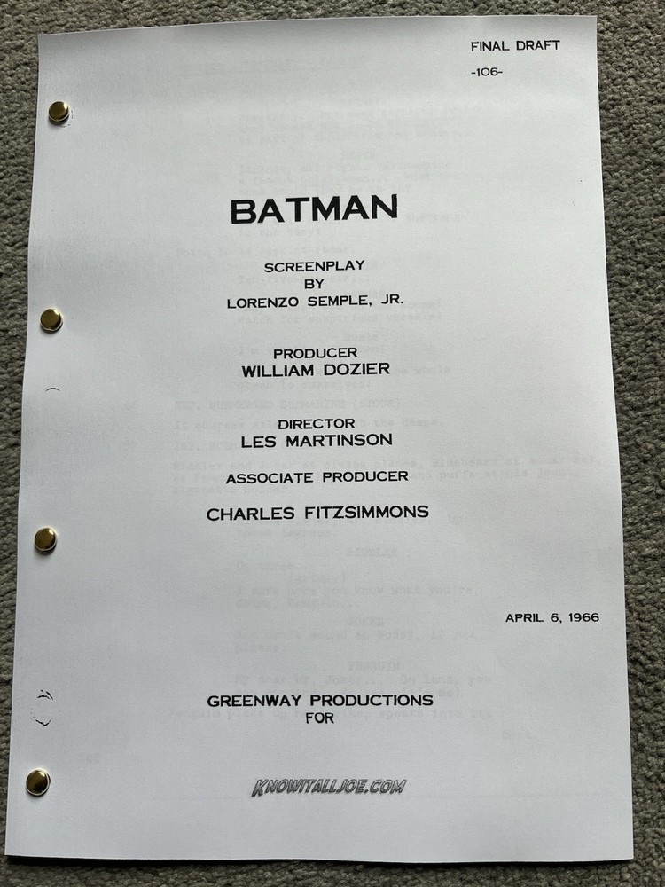 Batman (1966) Film Script. Adam West, Burt Ward, Cesar Romero, Lee Meriwether.