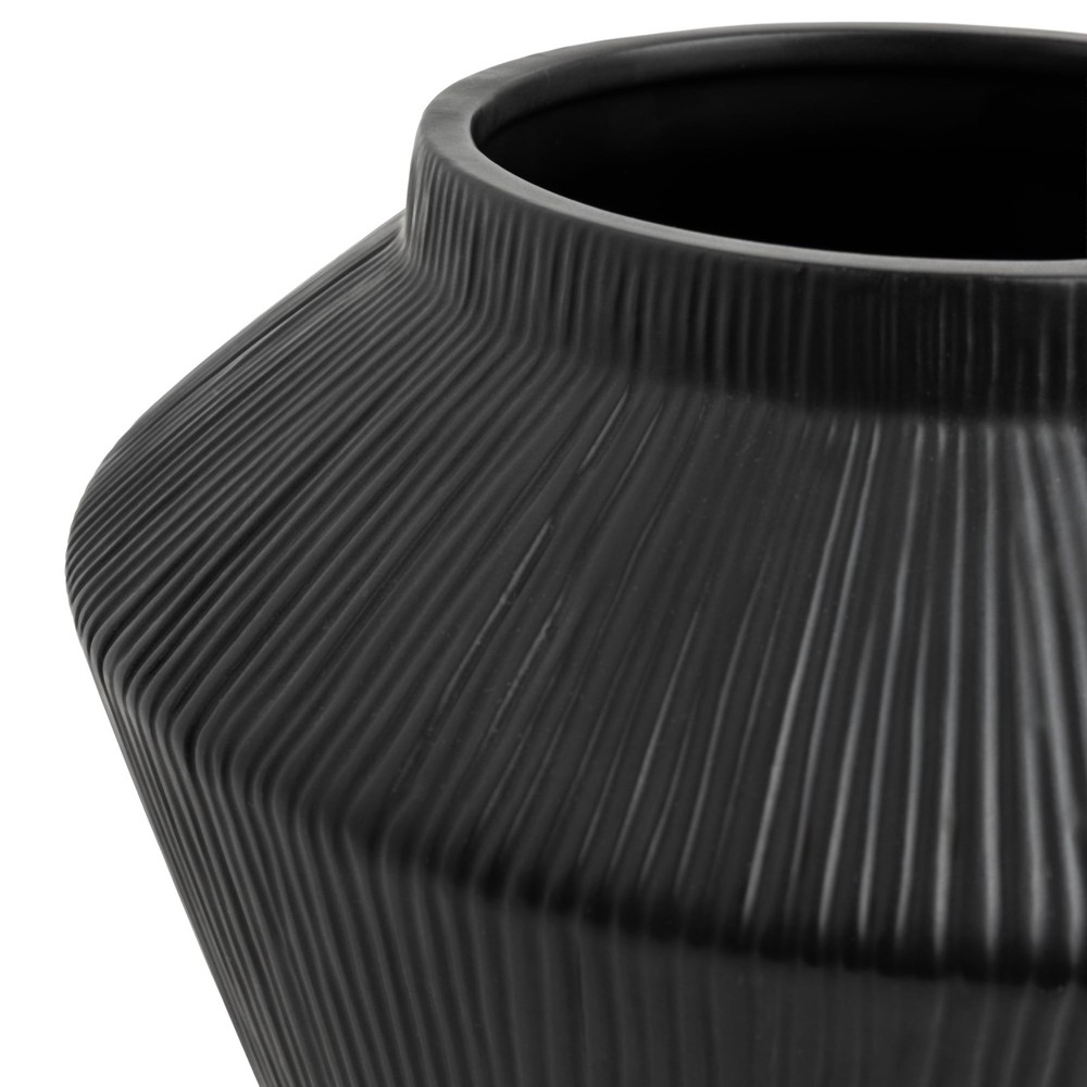 Black Ribbed Ceramic Angular Short Vase 6" W/ Modern Minimalist Style