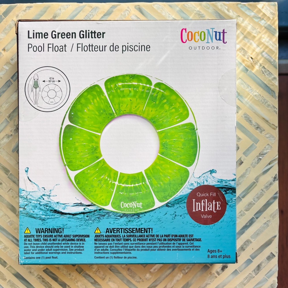 CocoNut Float Lime Green Glitter Pool Float, Inflatable Ring Float, Durable 42in