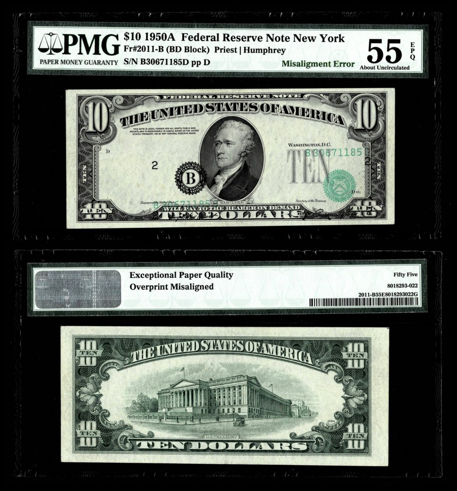 MISALIGMENT ERROR FR.#2011-B  1950-A $10  FR Note, PMG 55 PPQ