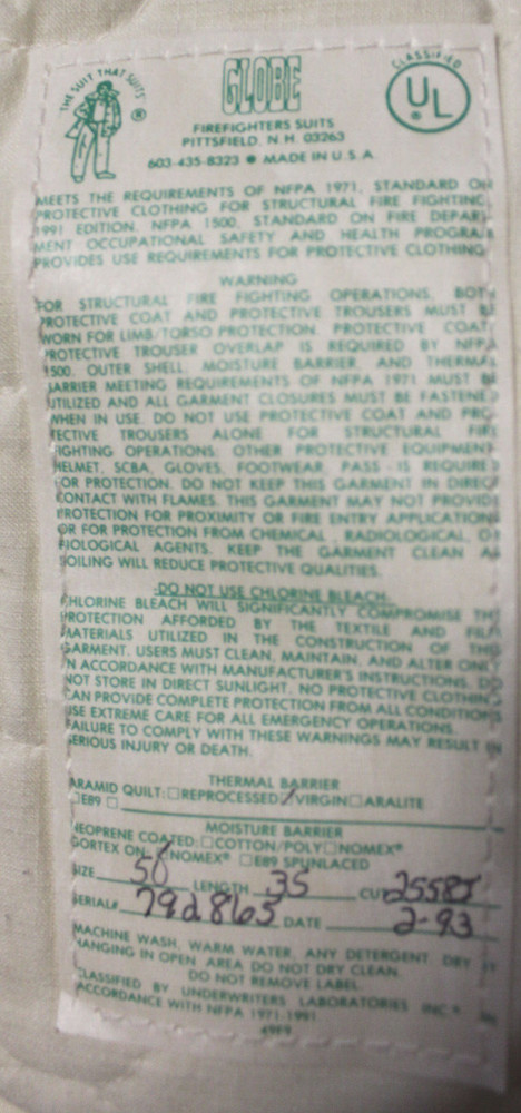 Globe Vintage Fire Firefighter Turnout Jacket with Lining