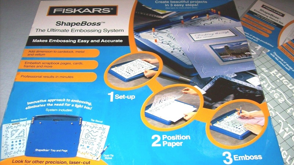 Fiskars ShapeBoss The Ultimate Embossing System Scrapbook Crafting + 2 Stencils