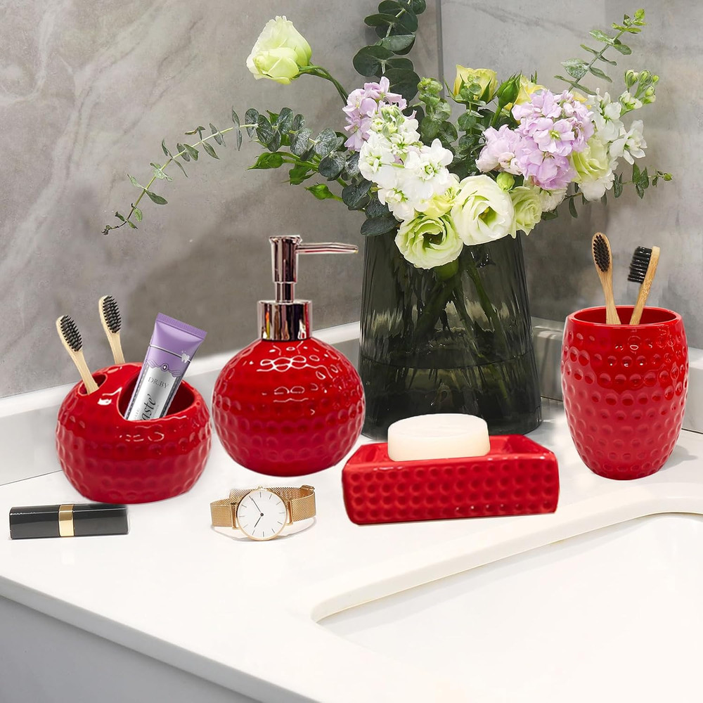 Bathroom Accessories Set,4 Pcs Red Ceramic Bathroom Accessory Set Complete with